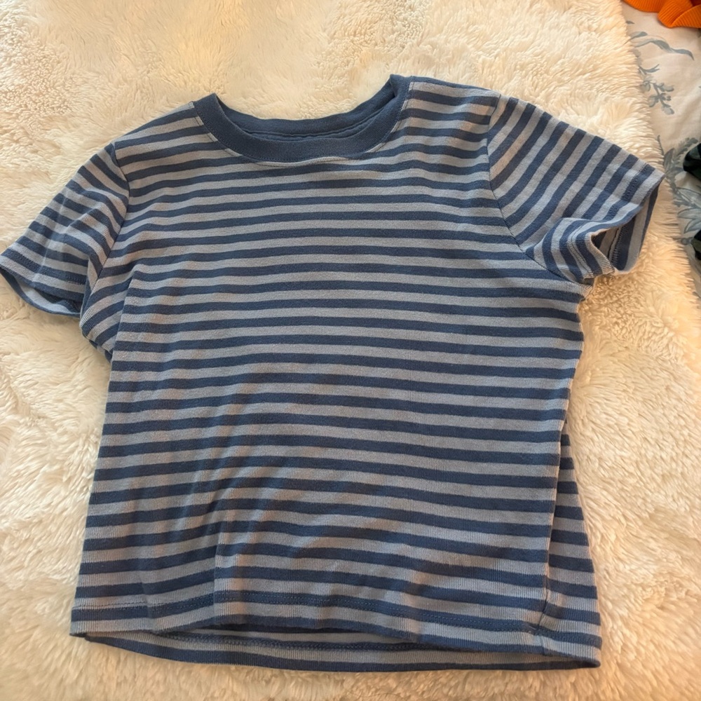 Hollister Navy and Light Blue Striped Short Sleeve Tee